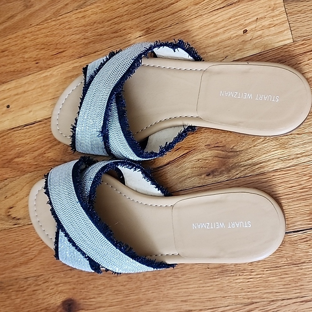 Re-Poshed Stuart Weitzman Women's Navy Blue and Silver Flat Sandals